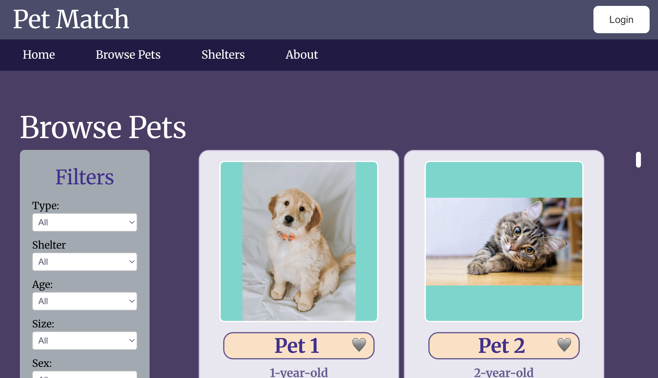 screen grab of pet adoption website